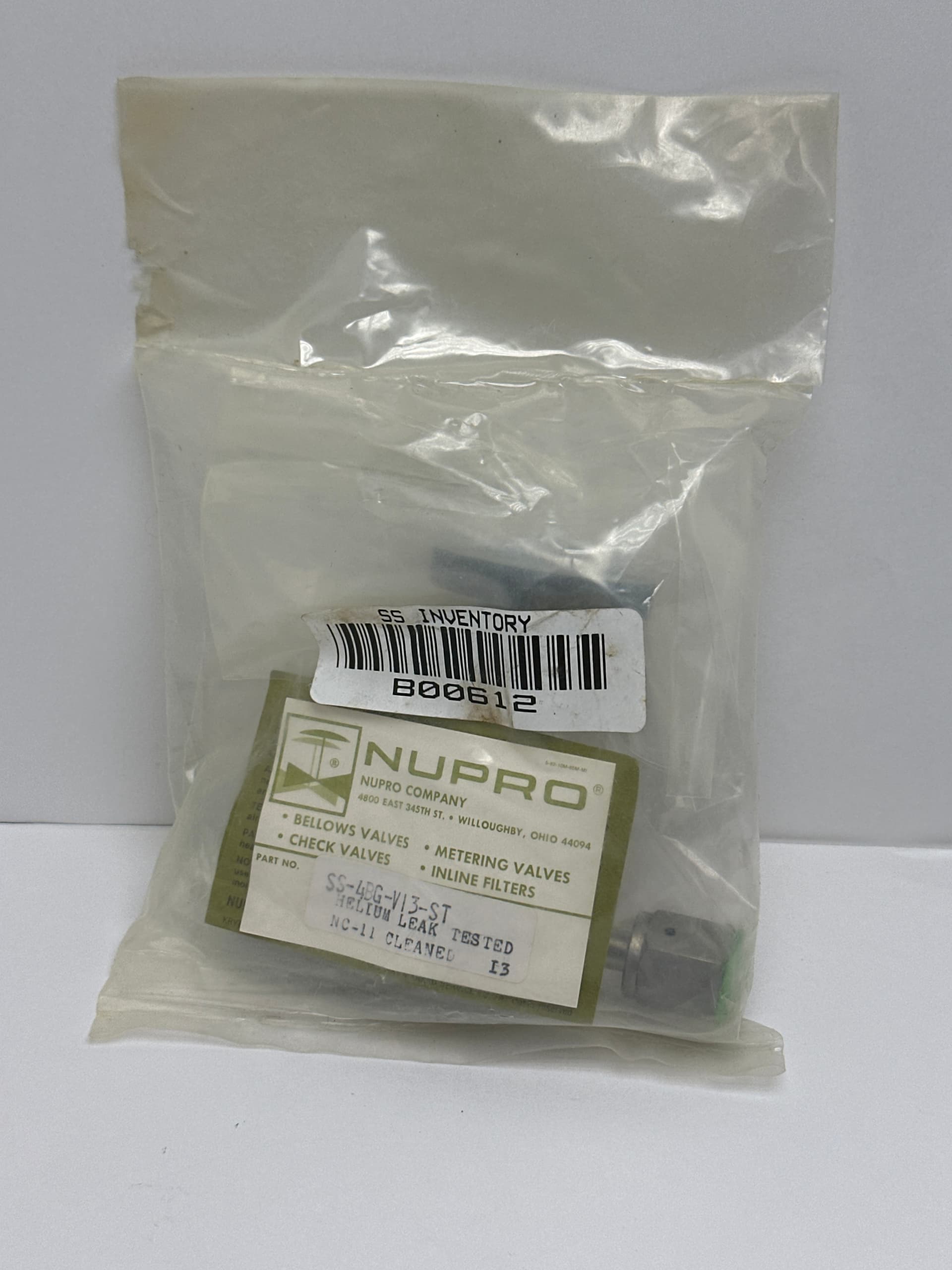 Nupro SS-4BG-V13-ST Bellows-Sealed Valve, Helium Leak Tested